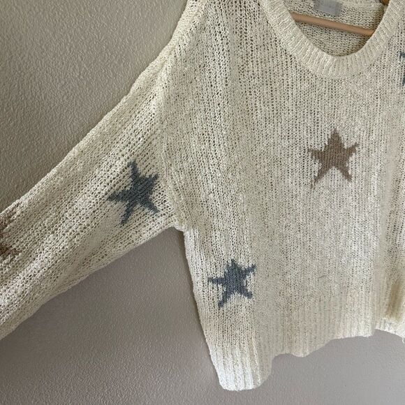 Altar’d State Open Knit Boxy Star Sweater Cream Tan Blue Loose Fit Size M - Picture 2 of 6